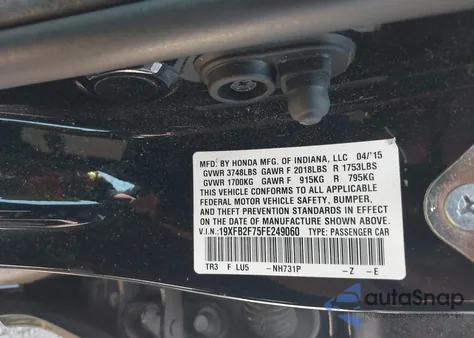 2015 Honda Civic Se из США, поврежденный, VIN 19XFB2F75FE249060